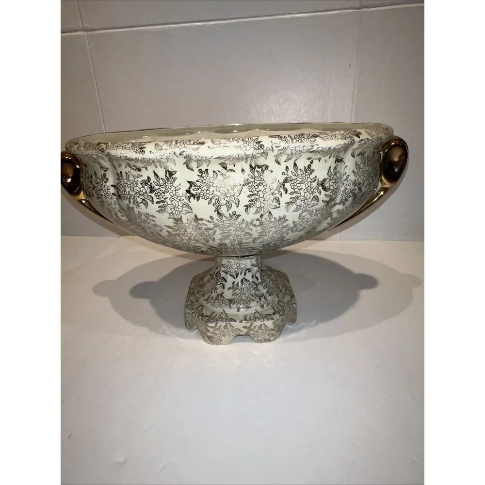 Vintage Empire Ware England Gold Pedestal Dish Centerpiece‎ with Victorian Scene